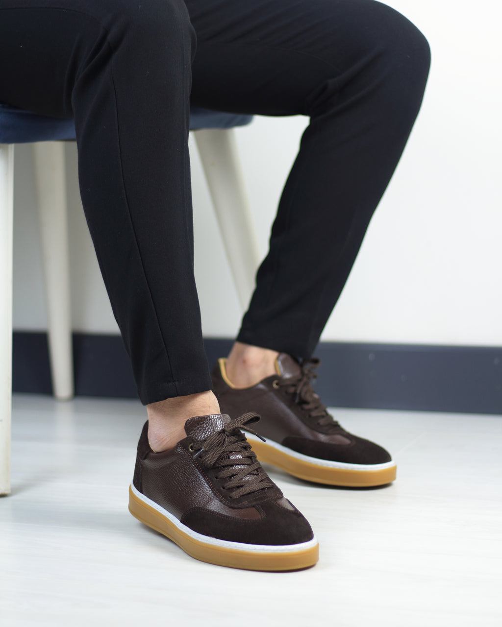 Kahverengi Deri Süet Detaylı Erkek Sneakers Ayakkabı