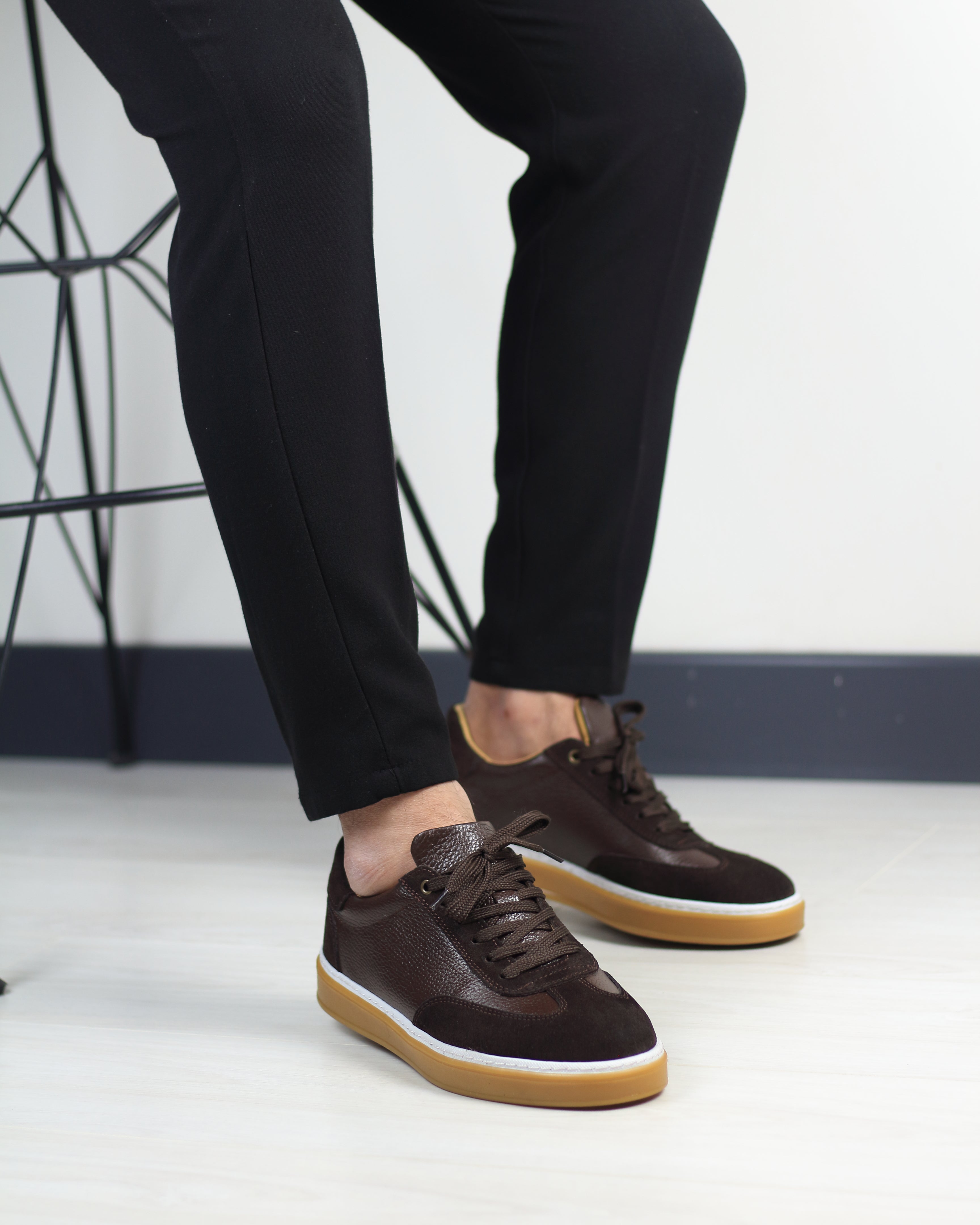 Kahverengi Deri Süet Detaylı Erkek Sneakers Ayakkabı