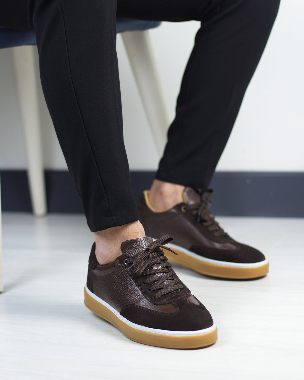 Kahverengi Deri Süet Detaylı Erkek Sneakers Ayakkabı