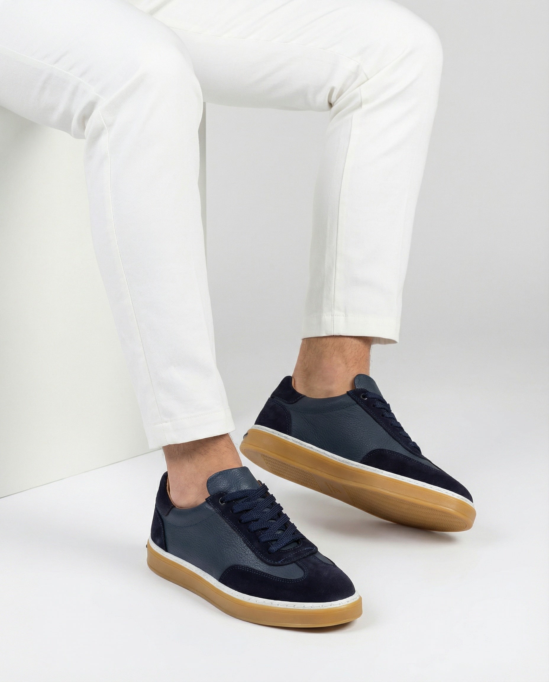 Lacivert Deri Süet Detaylı Erkek Sneakers Ayakkabı