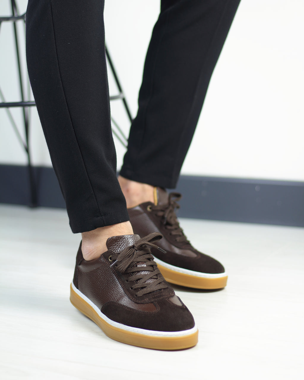 Kahverengi Deri Süet Detaylı Erkek Sneakers Ayakkabı