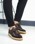 Kahverengi Deri Süet Detaylı Erkek Sneakers Ayakkabı