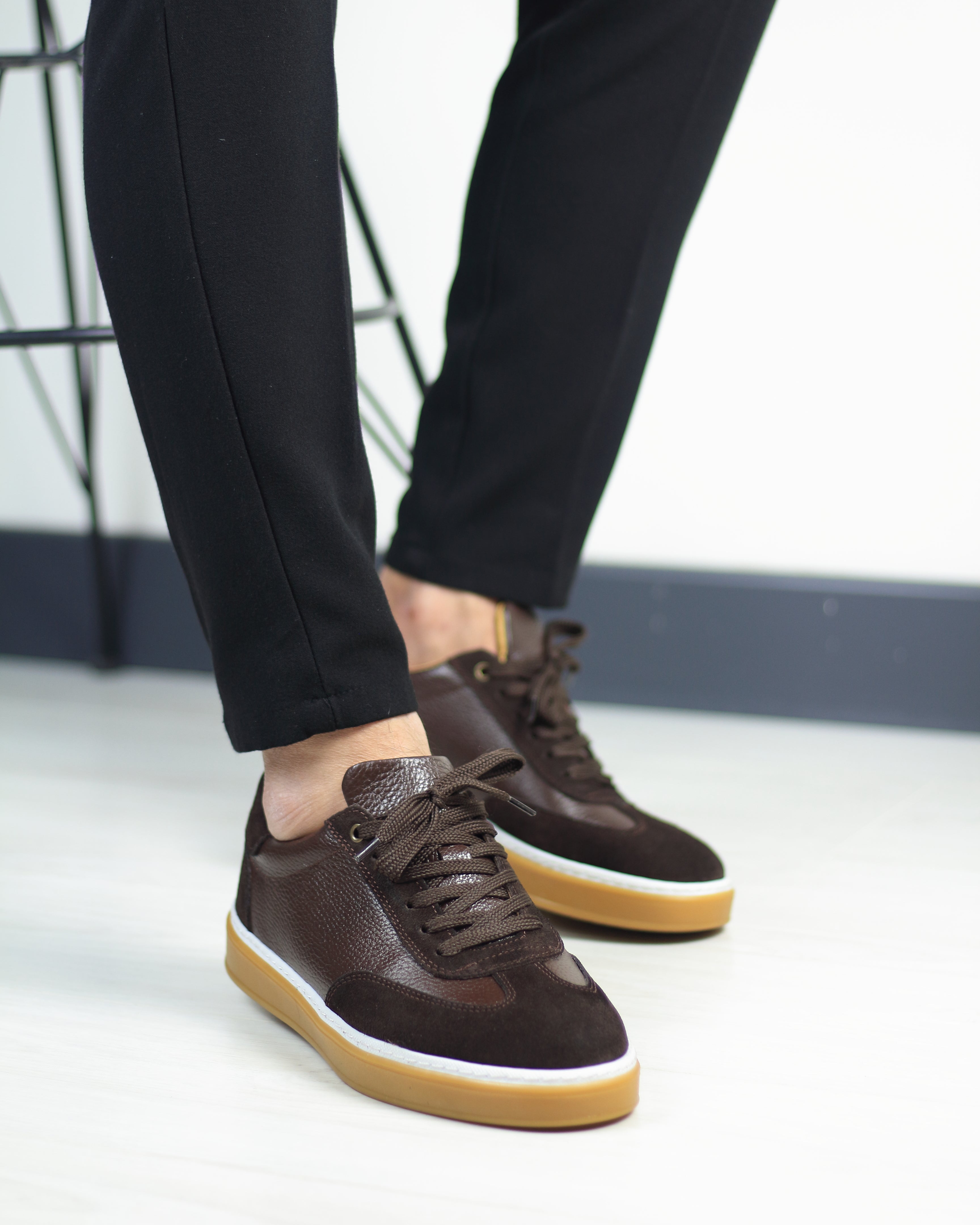 Kahverengi Deri Süet Detaylı Erkek Sneakers Ayakkabı