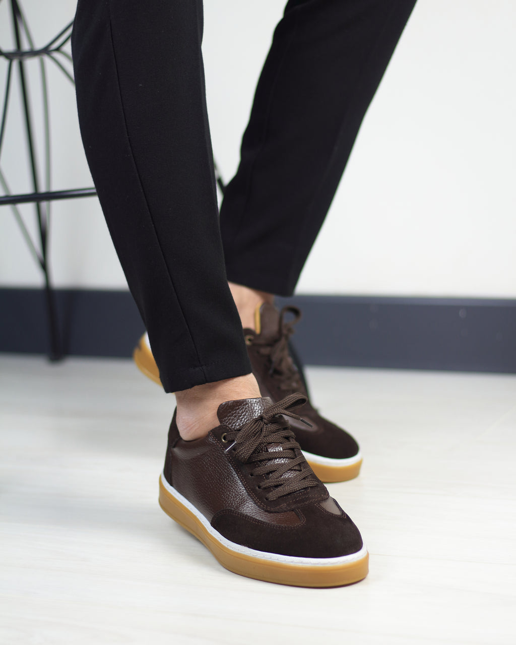 Kahverengi Deri Süet Detaylı Erkek Sneakers Ayakkabı