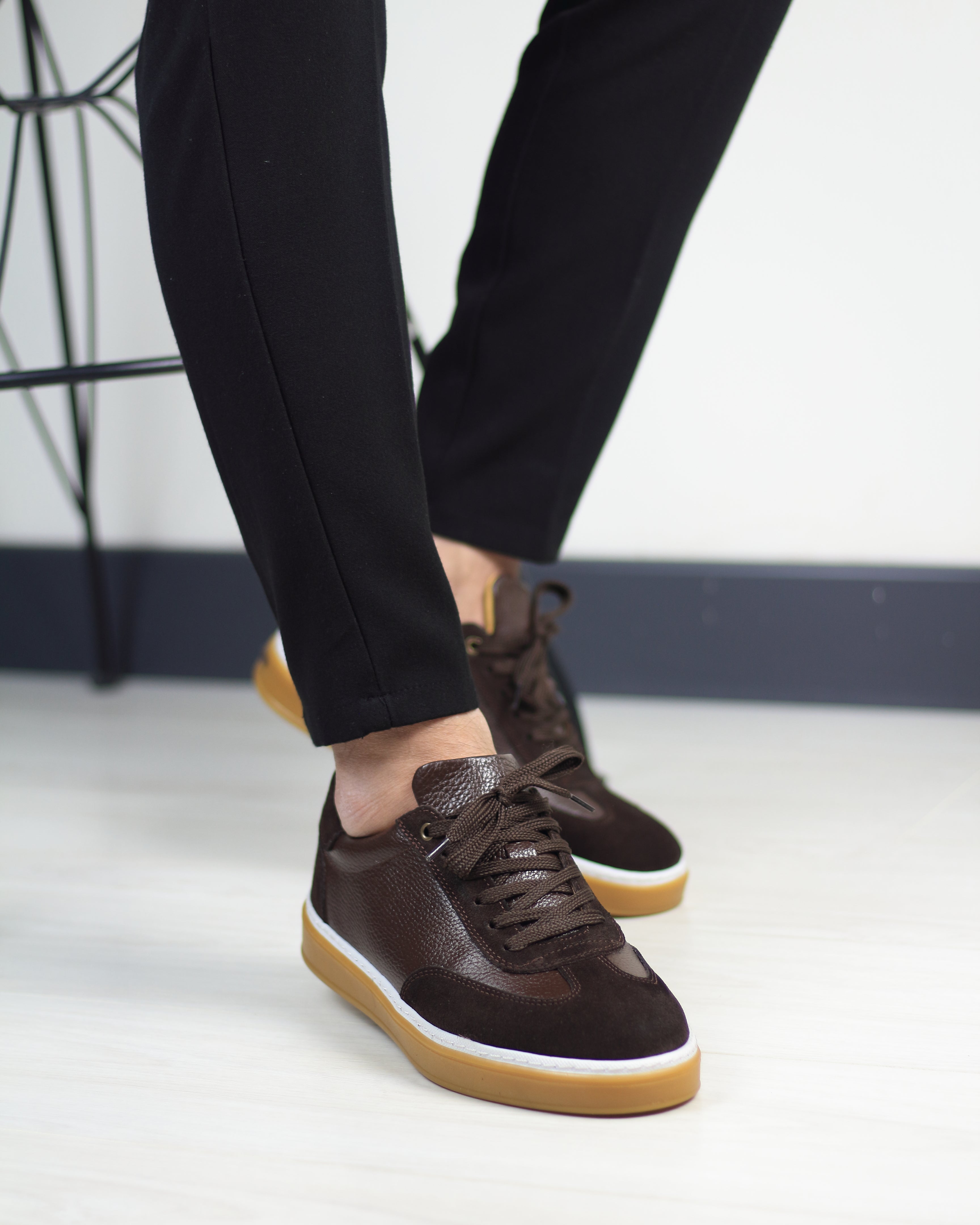 Kahverengi Deri Süet Detaylı Erkek Sneakers Ayakkabı