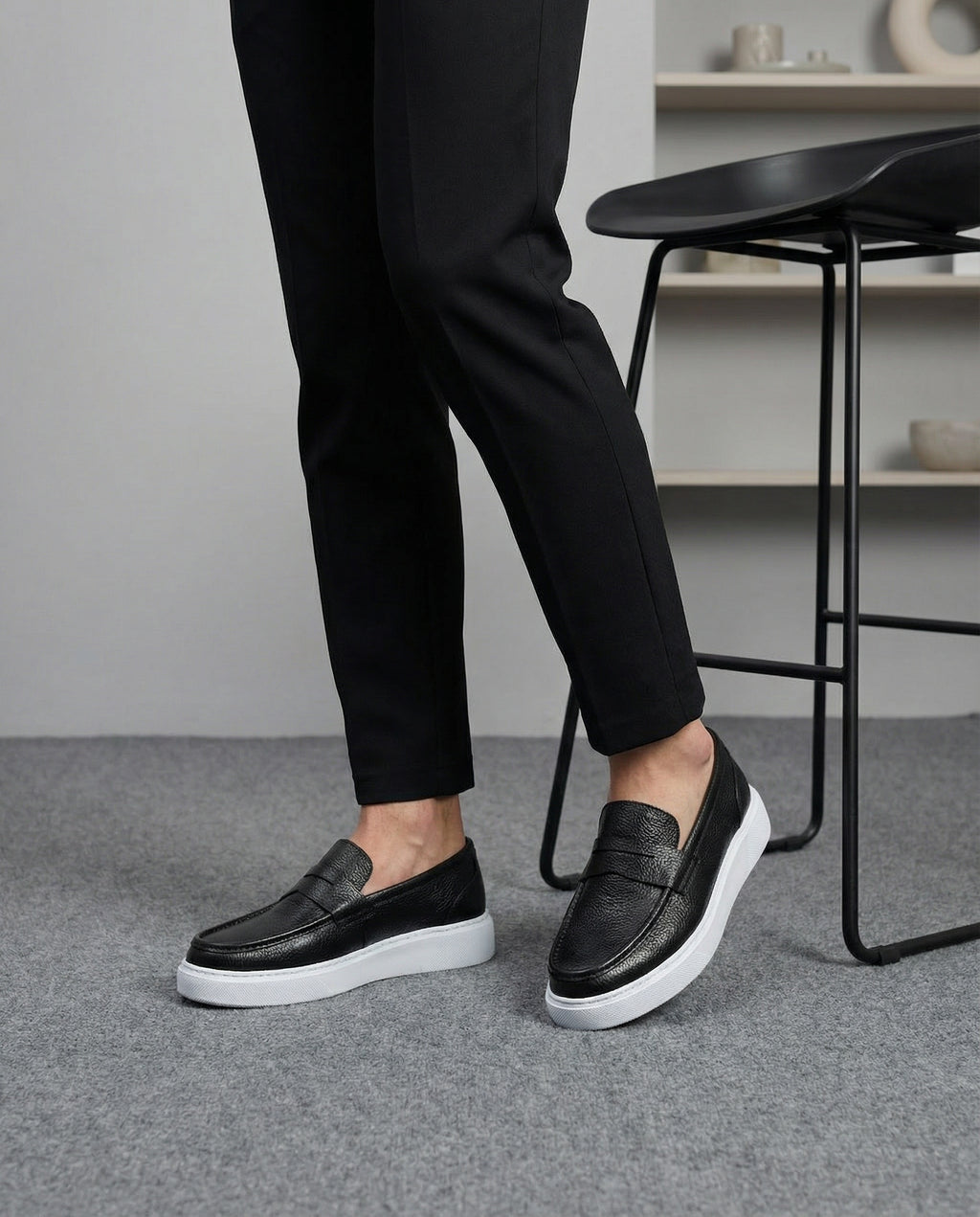 Siyah Deri Eva Taban Erkek Sneakers Ayakkabı