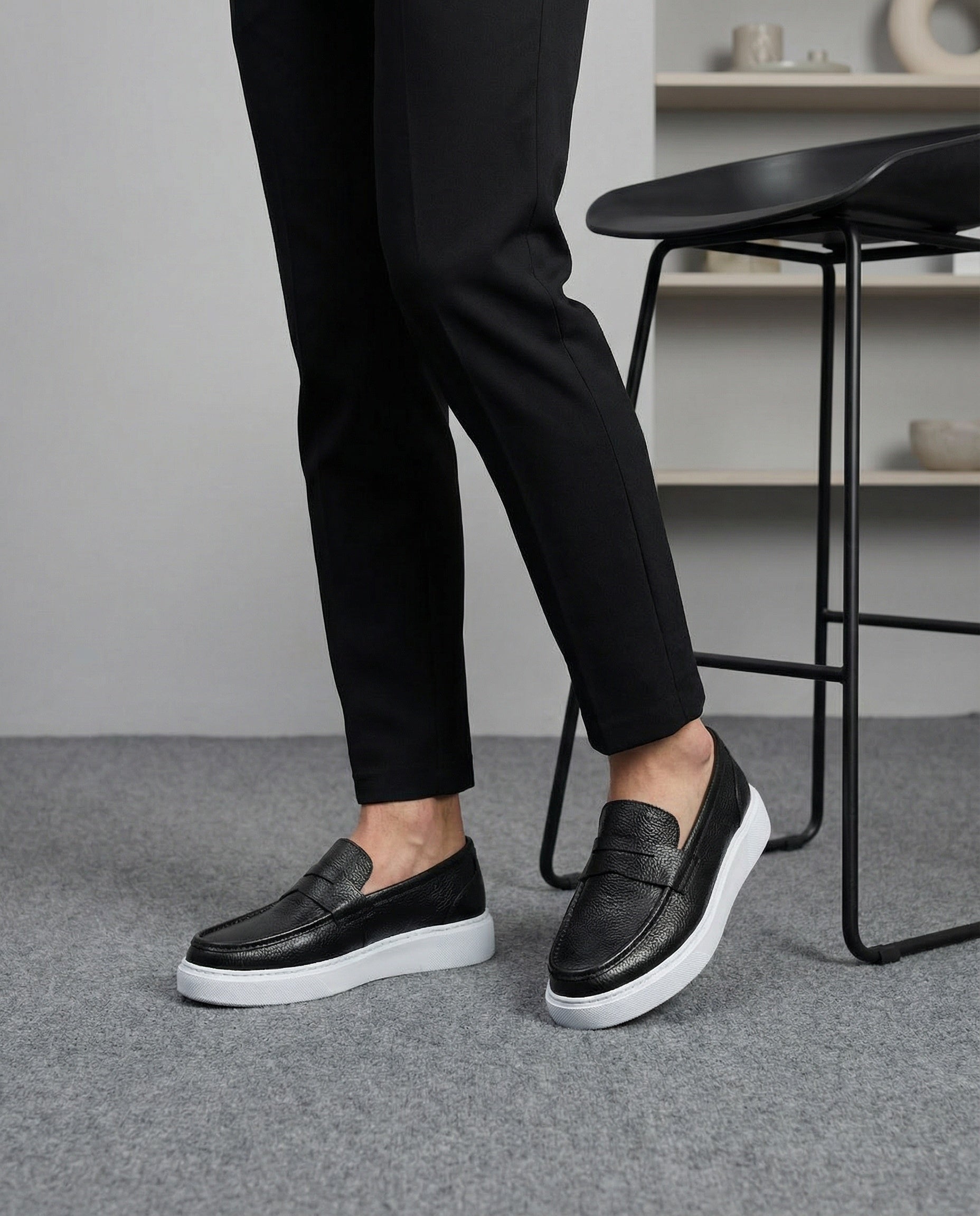 Siyah Deri Eva Taban Erkek Sneakers Ayakkabı