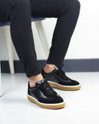 Siyah Deri Süet Detaylı Erkek Sneakers Ayakkabı