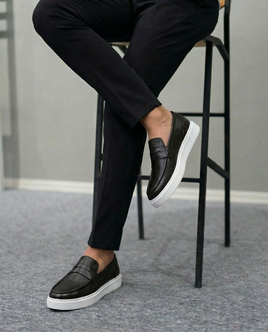 Siyah Deri Eva Taban Erkek Sneakers Ayakkabı