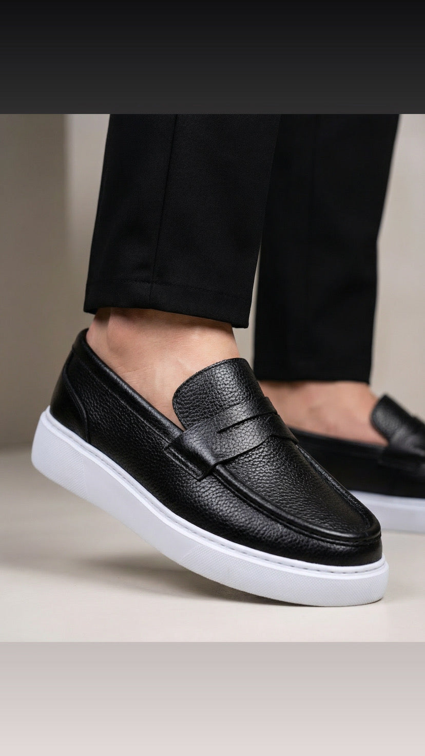 Siyah Deri Eva Taban Erkek Sneakers Ayakkabı